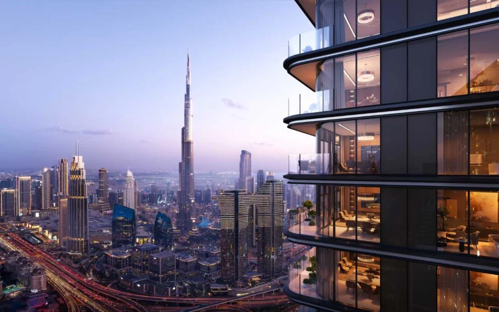 View from a Trump Tower Dubai residence balcony or terrace, showing the direct, unobstructed view of the Burj Khalifa and Downtown Dubai cityscape.