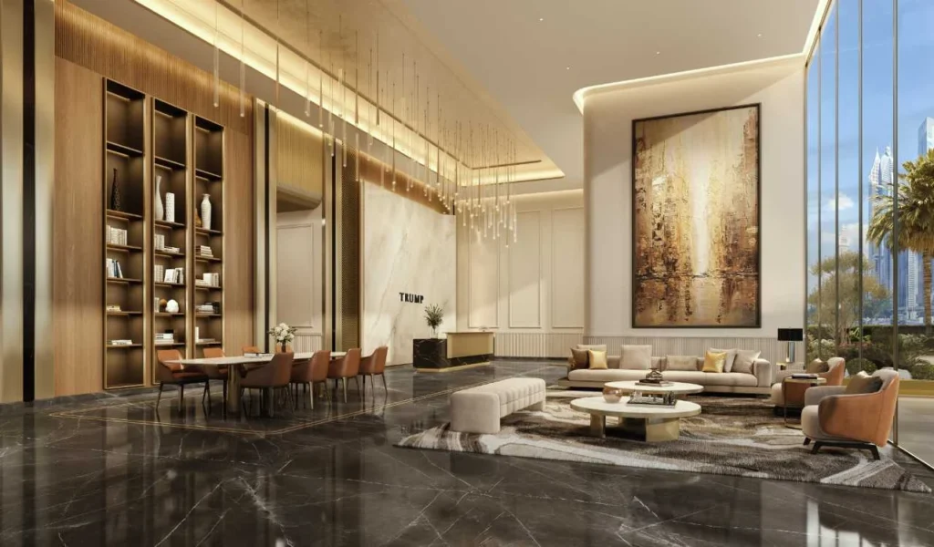 Render of the elegant and luxurious reception lobby of the Trump International Hotel & Tower Dubai, featuring high ceilings and premium marble finishes.