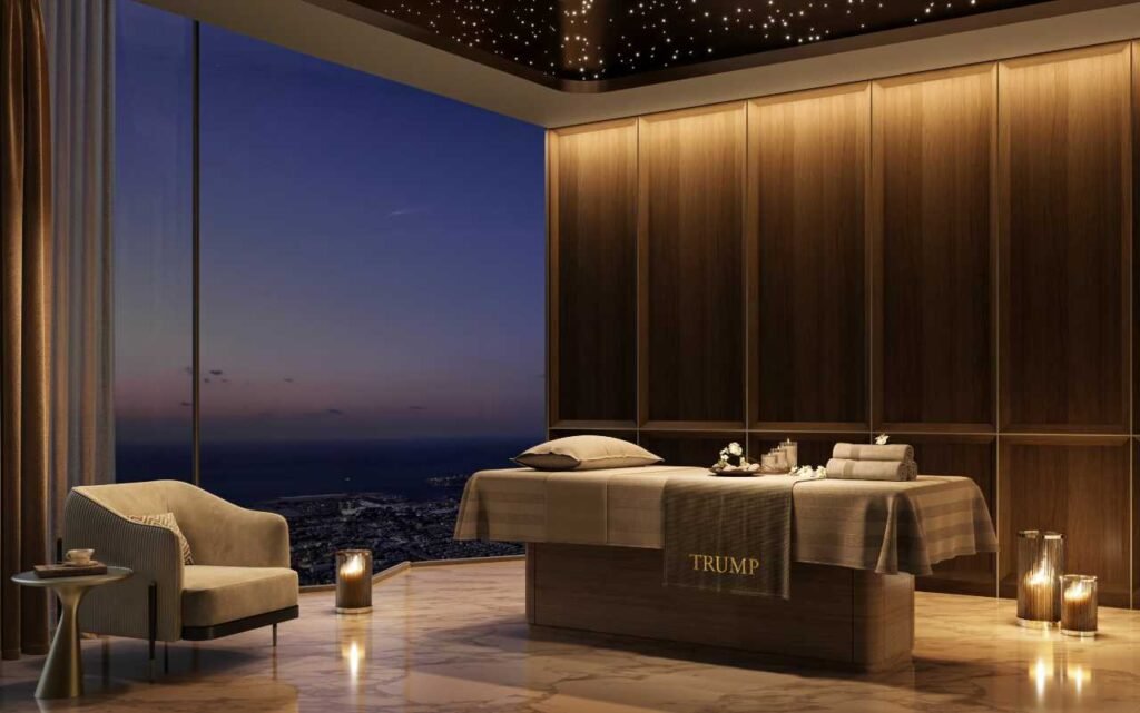 Render of a tranquil and luxurious spa treatment room in the Trump Tower Dubai wellness center, with a calming, sophisticated design