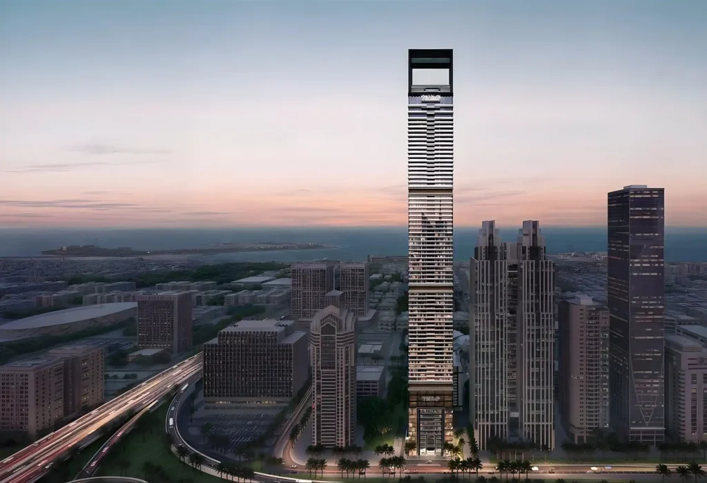 Architectural render of the Trump Tower Dubai skyscraper on Sheikh Zayed Road, featuring a modern design and glass facade with a view of the city skyline and Arabian Gulf.