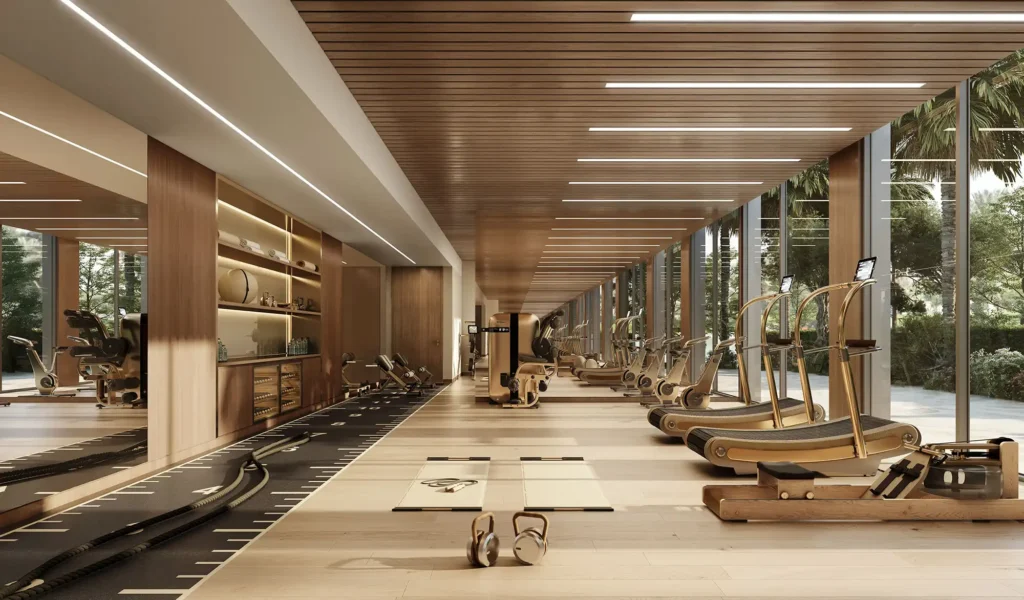 State-of-the-art fitness center render in Trump Tower Dubai, featuring modern exercise equipment, natural lighting, and floor-to-ceiling windows with panoramic city views.