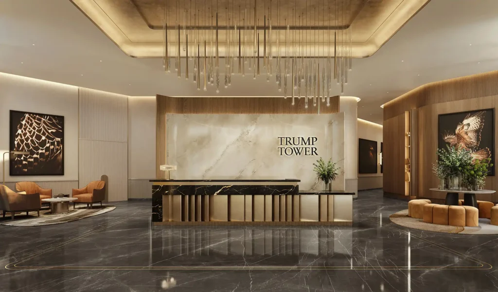 Render of a contemporary, open-plan living and dining area in a Trump Tower Dubai apartment, with floor-to-ceiling windows overlooking the city.